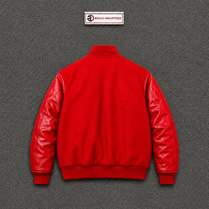 CLASSIC <b>RED</b> SNAP BUTTON Varsity Jacket PU Leather Sleeves Casual Turn-down Collar Regular Fit Solid Color Button Closure Autumn - Product Image 6