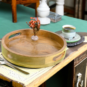 12 Inch Acacia Wooden Round Serving <b>Tray</b> <b>Table</b> Decorative Food Storage Platters With Handles for Kitchen Bathroom Living Room - Product Image 5