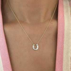 Diamond Horseshoe Charm <b>Necklace</b> Baguette Cut Lab Grown Wholesale 14k 18k Gold Dainty Lucky U Shape Layering Pendant Manufacture - Product Image 2