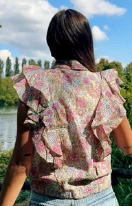 Bohemian Floral Block Print Cotton Shirt with Layered Ruffle Sleeves and Colored Neckline Casual Wear - Product Image 3