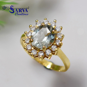 Anillo de compromiso y boda de plata de ley 925 chapado en oro con amatista verde natural de corte ovalado, halo y circonitas florales. - Product Image 2