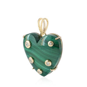 Pendentif Cœur en Diamant Naturel et Malachite, Bijou en Or 14 carats, Dos en Argent 925 Oxydé - Product Image 2