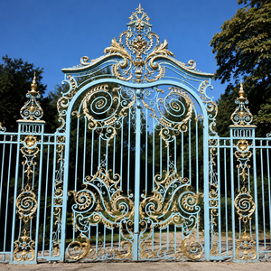 Puerta de entrada de hierro forjado en turquesa y oro con diseño de volutas reales, puerta principal decorativa de metal premium para villa o mansión. - Product Image 1
