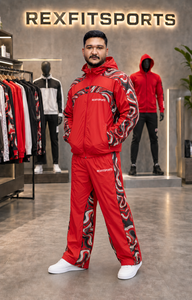 REXFIT SPORTS 2026 Ensemble de survêtement personnalisé en nylon rouge, veste à capuche entièrement zippée et pantalon avec empiècements imprimés, vêtements de sport personnalisés - Product Image 5
