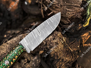 มีดทำมือคุณภาพสูง เหล็กดามัสกัส คมกริบ ใบมีดแบบดรอปพอยต์ 8 นิ้ว สำหรับกิจกรรมกลางแจ้ง ยุทธวิธี เอาตัวรอด ล่าสัตว์ ด้ามไม้ปักก้า - Product Image 5