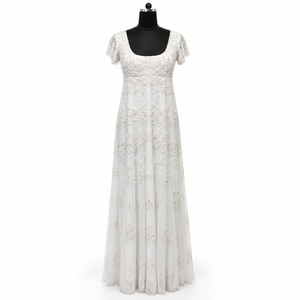Modern Ivory <b>White</b> Detailed Evening Gown Flutter Sleeve Scoop Neck Floral Sequins | Floor Length A-Line <b>Dress</b> with <b>Sheer</b> Overlay - Product Image 1