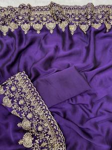 Sari classique brodé Zari, tenue de soirée, sari Rangoli, élégance ethnique, sari en soie, broderie gracieuse, sari festif en soie - Product Image 3