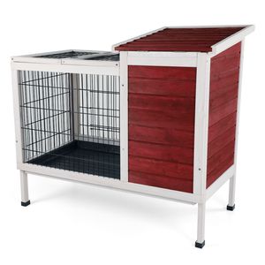 Gabbia per conigli a due piani per piccoli animali, da interno/esterno, in legno, con vassoio in plastica a prova di perdite e passerella, colore rosso, arredo per animali domestici - Product Image 2