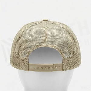 Beige 6-Panel Trucker Cap Mesh Fabric Adjustable <b>Flat</b> Brim Unisex Casual <b>Hat</b> Adult Size 58-60CM - Product Image 2