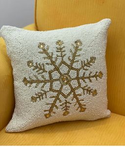 Handmade <b>White</b> Glass Bead Snowflake Cushion Cover With Gold Bugle Beads For Holiday Home Sofa Decor <b>Throw</b> Pillow Case Square - Product Image 1
