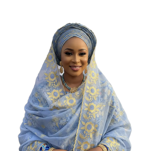 Hijab en Chiffon Brodé Floral pour Femme, Bleu Clair, Foulard Africain Modeste pour Usage Quotidien, Respirant avec Strass - Product Image 4