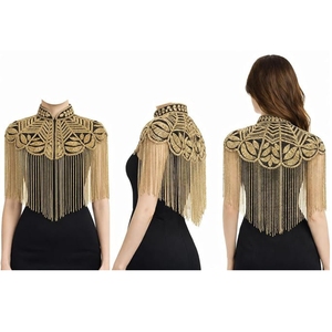 Women's Cape <b>Top</b> Black and Gold with Hand Beaded Embellishment and Fringe Detailing High Neck Overlay - Product Image 3