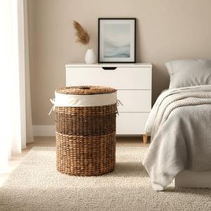 Panier à linge en jonc de mer et jacinthe d'eau avec couvercle et doublure amovible, fait main, panier de rangement, vente en gros, écologique, fabriqué au Vietnam - Product Image 4