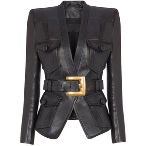 Wholesale Fashion Casual Ladies Coat Customized Faux <b>Leather</b> <b>Long</b> Sleeve Belted Detail Blazer <b>Jacket</b> for Women - Product Image 2