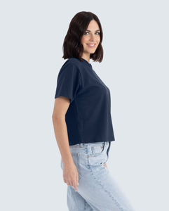 Top Corto de Cuello Redondo para Mujer, Color Azul Marino, Manga Corta, Corte Holgado, Color Sólido, Informal, Primavera Verano, 100% Algodón Jersey - Product Image 3