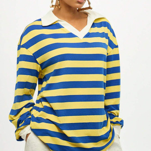 เสื้อโปโลถักลายทางสีน้ำเงินเหลือง แขนยาว สไตล์วินเทจ สำหรับผู้หญิง คอวี ทรงปกติ ความยาวปกติ ลายทางแบบรักบี้ - Product Image 1