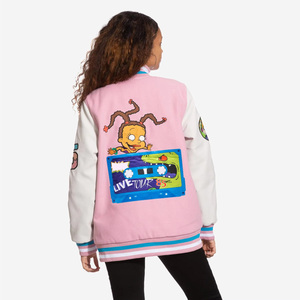 Wholesale Price Pink Varsity <b>Jacket</b> Women's Embroidered Letter R Patch Design Full Sleeve Turn-down Collar Autumn Wear - Product Image 3