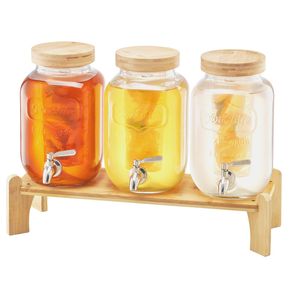 Lot de 3 distributeurs de boissons en acier inoxydable de 1 gallon, distributeur de jus en verre avec support en bois pour les fêtes, ensembles de service de boissons - Product Image 1