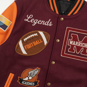 Veste universitaire pour homme en marron et orange avec des motifs brodés, col rabattu, vêtement décontracté pour l'automne - Product Image 5