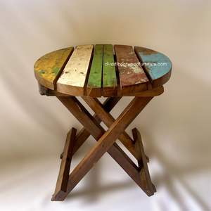 Table basse pliante ronde en bois de bateau recyclé, couleur naturelle, artisanale, compacte, pour l'intérieur et l'extérieur, export. - Product Image 5