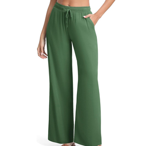 Pantalon large taille haute pour femme, vert uni, en coton tricoté et élasthanne, avec cordon de serrage, décontracté, ample, longueur totale, respirant, pour l'été - Product Image 1