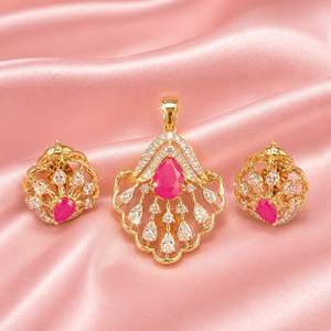 Ensemble de pendentifs en or 14 carats de luxe avec pierres rouges et diamants étincelants, bijoux élégants pour les mariages et les fêtes pour femmes - Product Image 3