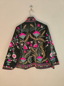 Veste en velours vert bohème à fleurs brodées, col mandarin, manches longues, vêtement d'extérieur décontracté, vêtements d'hiver pour adultes - Product Image 2