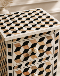Mesita de Noche Artesanal con Incrustaciones de Hueso, 2 Cajones, Mesa Auxiliar Geométrica con Detalles de Perlas para Dormitorio - Product Image 2