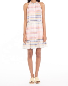 Robe mini en mousseline de soie rayée couleur bonbon, style halter, coupe trapèze, sans manches, respirante, décontractée, pour femme, avec volants - Product Image 4