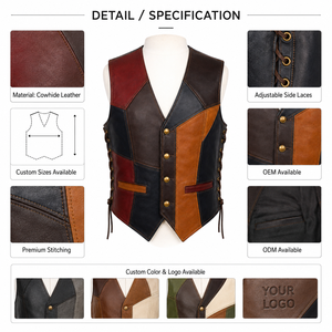 Customized <b>Men's</b> Genuine <b>Leather</b> Western <b>Vest</b> Stand Collar Sleeveless Zipper Closure Embossed Printing Summer Outerwear OEM/ODM - Product Image 2