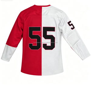 Jersey de Hockey sobre Hielo Personalizado, Blanco y Rojo, Malla, Cuello en V, Manga Larga, Sublimado, Uniforme con Número de Equipo para Hombre - Product Image 6