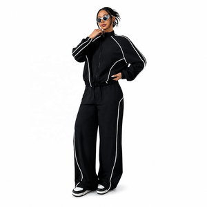 Custom Women's Satin Embroidery Solid Tracksuit <b>Set</b> Full Zip Jacket Wide Leg Pants Activewear Gym Autumn Summer OEM ODM - Product Image 1