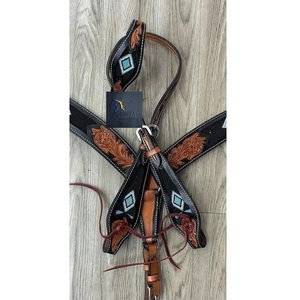 Western <b>Black</b> & Tan Leather Horse Headstall and Breast Collar Set Hand Tooled Floral Turquoise Inlay Tack - Product Image 3