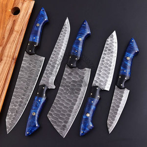 New Brand Custom Handmade Full Tang Damascus Steel 5-Piece <b>Kitchen</b> Chef <b>Knife</b> Set with Ambidextrous Blue Resin Handle - Product Image 2