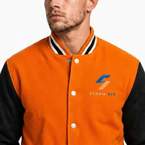 Chaqueta Varsity Unisex Naranja y Negra, Estilo Urbano Preppy, 100% Lana, Corte Regular, Ropa de Invierno, Protección Anti-UV y Cortavientos - Product Image 3