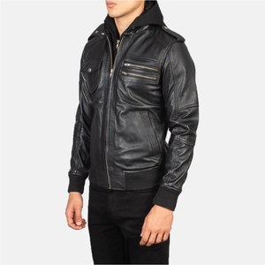 Men's Black Polyester Eco-friendly <b>Fur</b> <b>Trim</b> Moto Jacket Zipper Closure Crew Neck Slim Fit Regular Length Spring Wear - Product Image 2