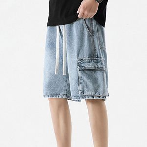 Pantalones Cortos Cargo de Mezclilla para Hombre, Cintura Media, con Cordón, Transpirables, Casuales, Estilo Bermuda, Color Sólido, de Algodón - Product Image 3