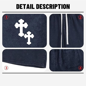 กางเกงขาสั้นเทรนดี้ดีไซน์ยีนส์ฟอกสี ผ้าฝ้ายเฟรนช์เทอร์รี่ พิมพ์ลายขอบเอว กางเกงจ็อกเกอร์ผู้ชายฟอกสีซันเฟด - Product Image 6