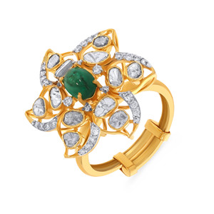 Luxury Floral Green Emerald Look Uncut Polki Diamond <b>Adjustable</b> <b>Ring</b> for Women Yellow Gold Plated Statement Cocktail Jewelry - Product Image 1