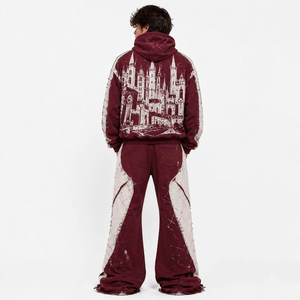Conjunto Deportivo Unisex Talla Grande Color Granate y Blanco, Sudadera con Capucha y Cierre Completo, Pantalones Jogger, Diseño 2 en 1 con Estampado de Castillo, Ropa Urbana de Invierno - Product Image 3