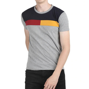 Camiseta de Manga Corta para Hombre, Color Gris, Cuello Redondo, Diseño de Bloques de Color en Contraste, Corte Ajustado, Estilo Casual, Tejido de Punto - Product Image 1