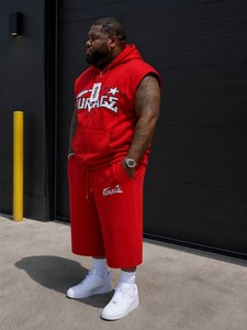 <b>Red</b> Tracksuit <b>Men</b> Heavyweight Sleeveless Zip Up Hoodie and Matching Longk Shorts Outfit Streetwear Two Piece Set - Product Image 4