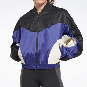 Unisex Color Blocking Bomber <b>Jacket</b> Stand Collar Batwing <b>Sleeve</b> Zipper Closure Windproof Sporty Style Autumn Season <b>Short</b> Length - Product Image 1