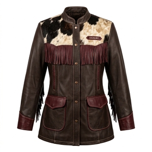 Women Stand Collar Burgundy <b>Fringe</b> Leather <b>Jacket</b> Real Cowhide Hair On Hide Western Yoke Bottom Trimmed Country Coat - Product Image 1