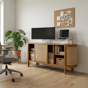 Buffet de salle à manger ovale contemporain en teck élégant avec portes en rotin naturel, meuble de rangement pour la maison, vente en gros - Product Image 5