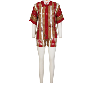 Ensemble 2 pièces tricoté rayé pour femme, col rabattu, manches courtes, coupe ample, respirant, printemps-été, tenue décontractée - Product Image 5