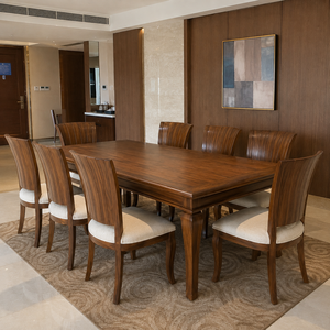 Ensemble de table à manger en teck massif moderne avec chaises en bois rembourrées pour hôtel, restaurant, villa, complexe hôtelier, mobilier de maison - Product Image 1