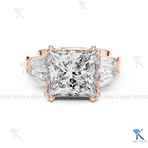 Anillo de Compromiso de Oro Sólido con 5 Diamantes CVD Cultivados en Laboratorio, Corte Princesa y Baguette - Product Image 5