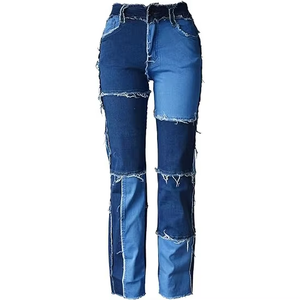 Pantalon en jean pour femme Premium Marque Privée, style urbain, motif léopard, avec nœud, déchiré, décontracté, à contraste de couleurs, taille haute, coupe moulante aux hanches et évasée - Product Image 4