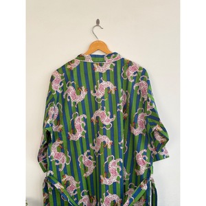 V-Neck Printed <b>Animal</b> <b>Pattern</b> Breathable <b>Knitted</b> Kimono Robe with Belt Long Sleeve Maxi Length Loose Fit 100% Cotton Cover-Up - Product Image 4